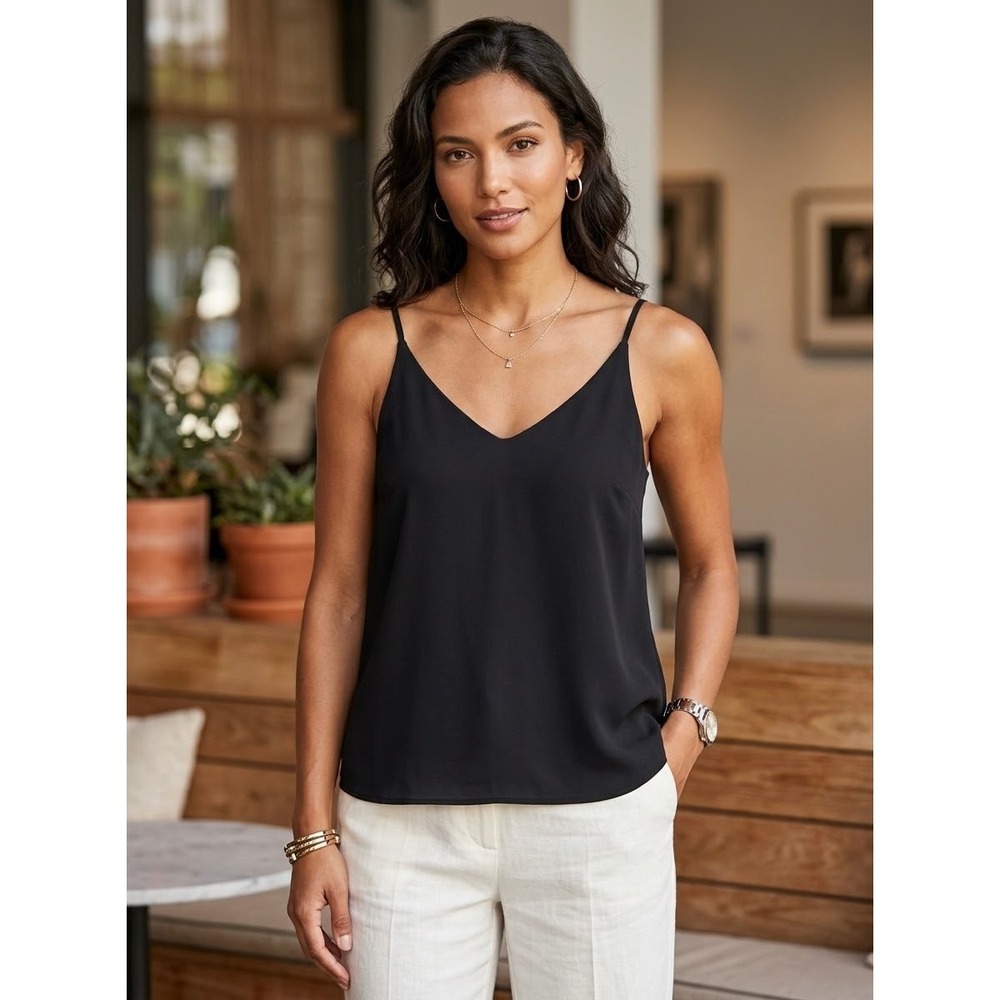 Strappy V-Neck Topshop Black Crepe Camisole Tank Top Size 8 Medium